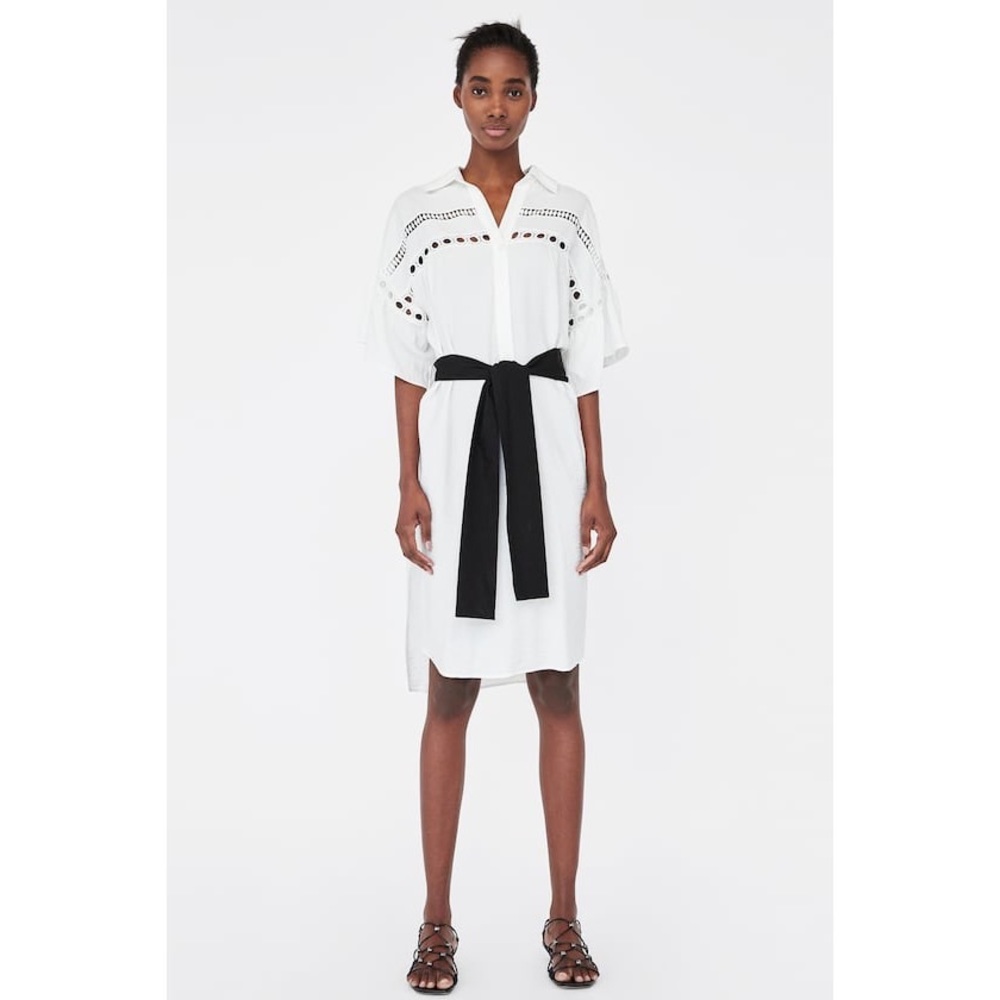 Zara Eyelet Shirt Dress Belt Flare Bell Sleeve XS